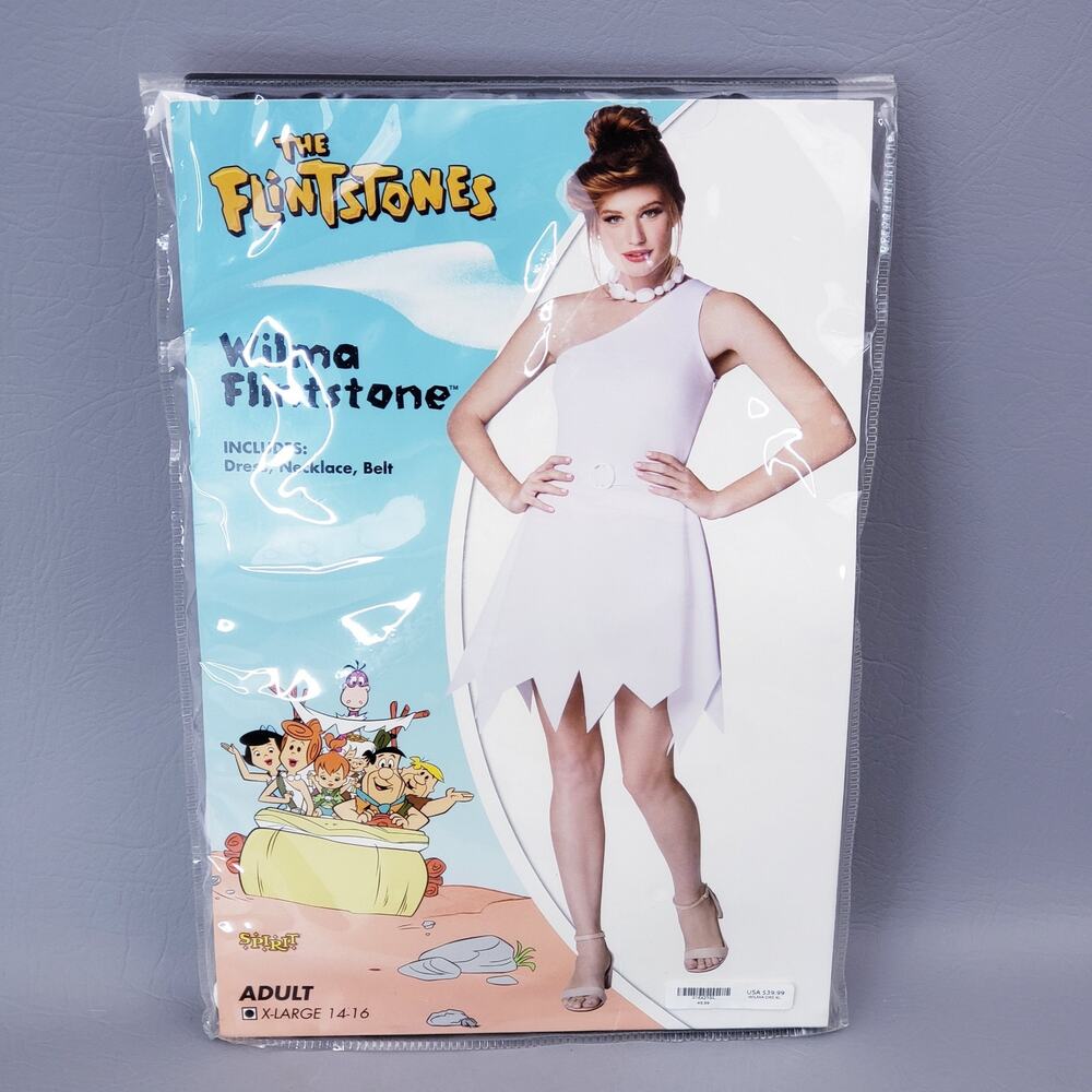 WILMA FLINTSTONE ADULT COSTUME WHITE ONE SHOULDER DRESS & NECKLACE SIZE XL